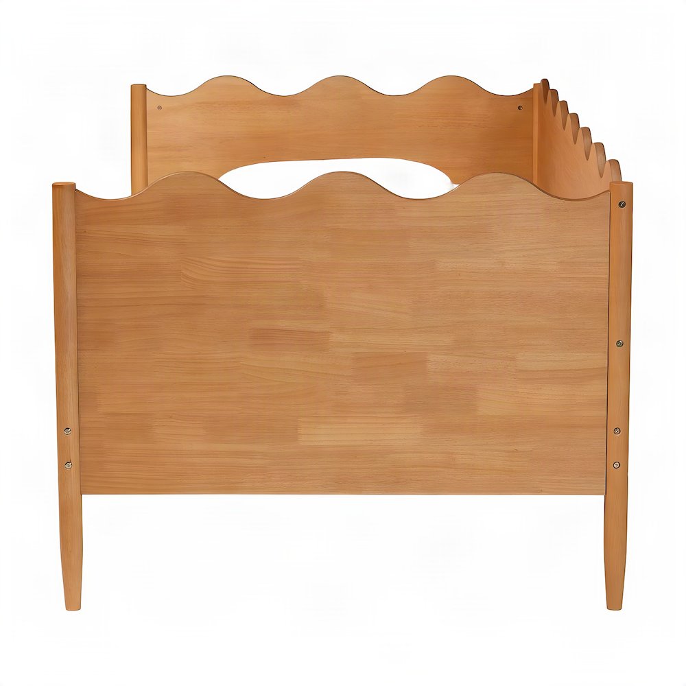 Solid Rubberwood Twin Daybed with Scalloped-Edge Wooden Back Panel, Oak Brown