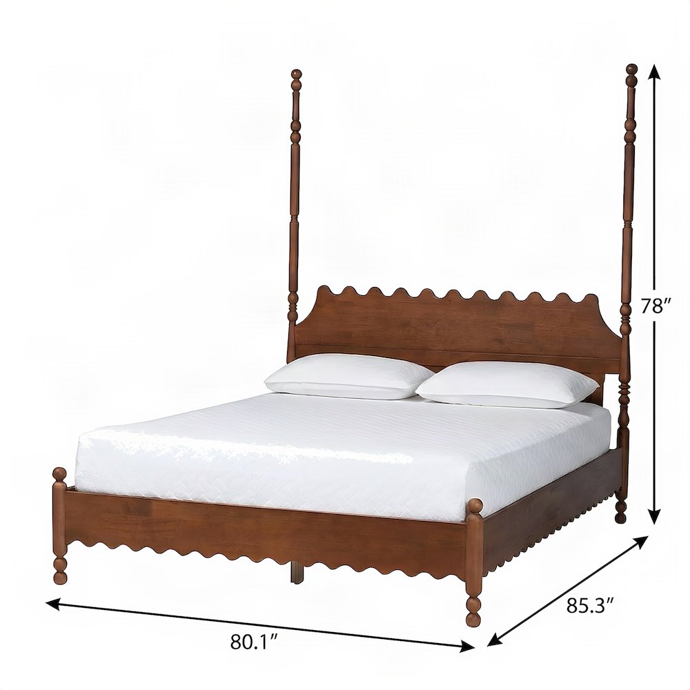 Solid Wood Platform Bed Frame with Scalloped, Turned-Post, Walnut Brown, King