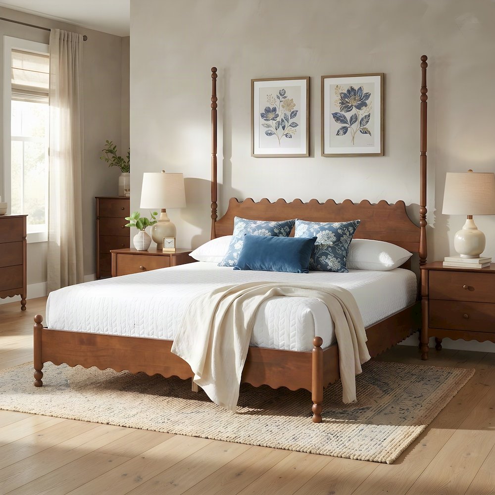 Solid Wood Platform Bed Frame with Scalloped, Turned-Post, Walnut Brown, King