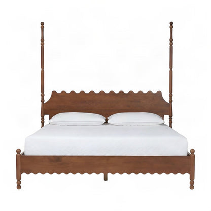 Solid Wood Platform Bed Frame with Scalloped, Turned-Post, Walnut Brown, King