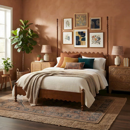 Solid Wood Platform Bed Frame with Scalloped, Turned-Post, Walnut Brown, Queen