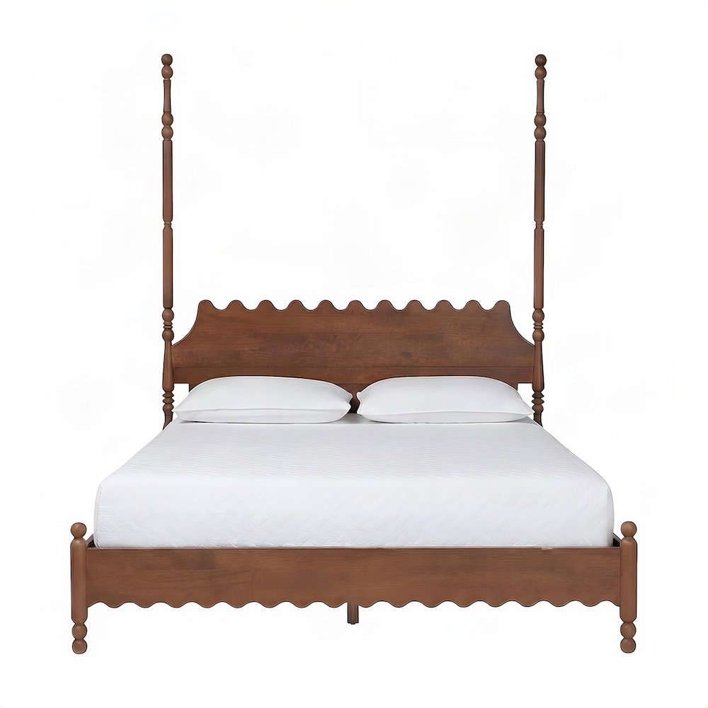 Solid Wood Platform Bed Frame with Scalloped, Turned-Post, Walnut Brown, Queen