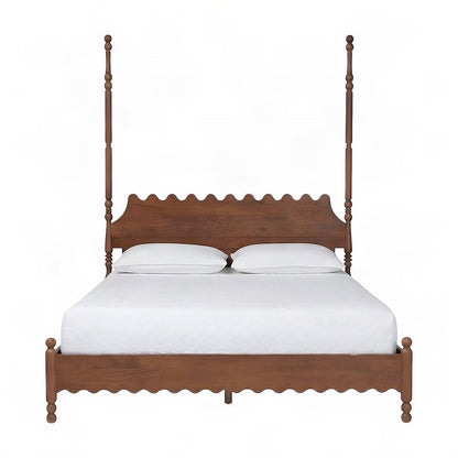 Solid Wood Platform Bed Frame with Scalloped, Turned-Post, Walnut Brown, Queen