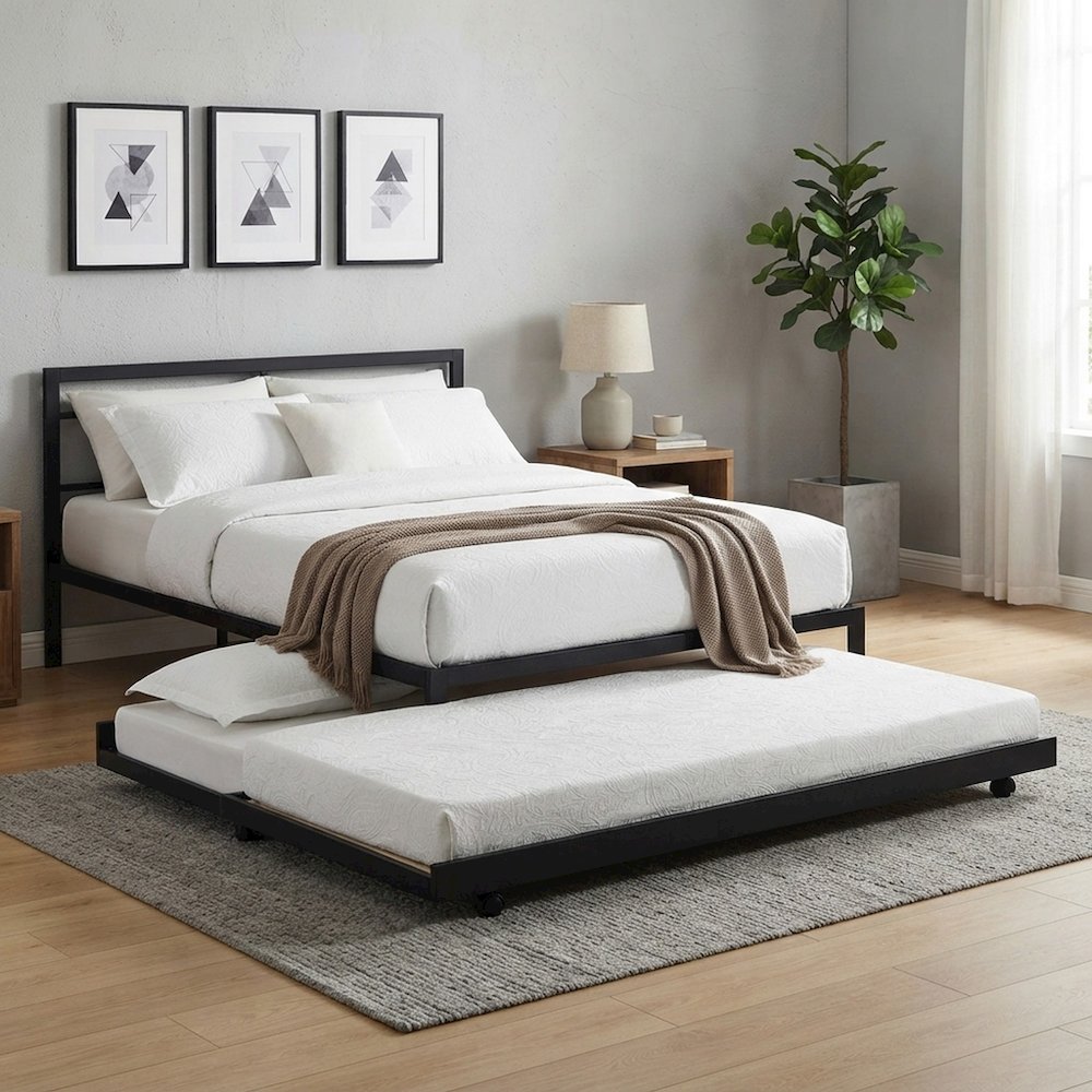 FurniFact Trundle Bed Frame with Low-Profile Rolling Caster Base, Black