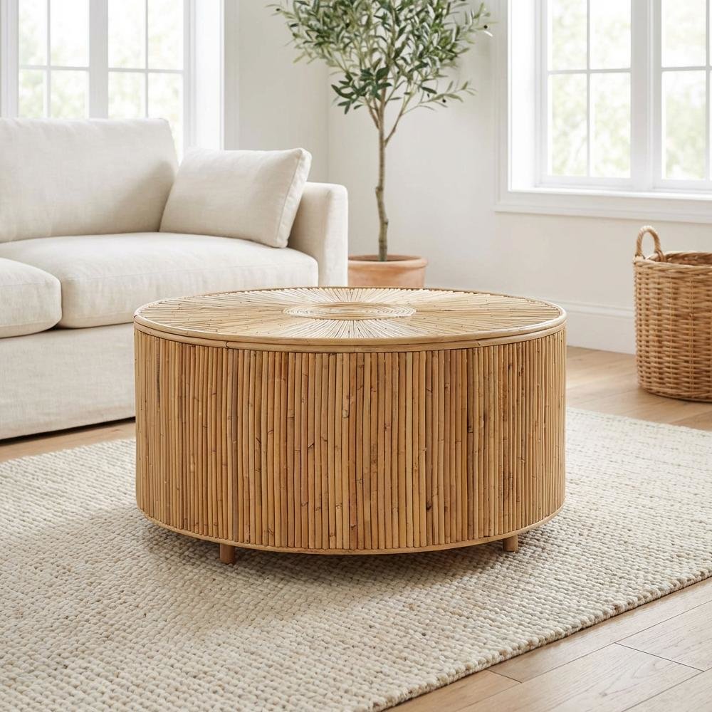 Light Honey Rattan Coffee Table with Laminated Frame and Rattan Pole Legs
