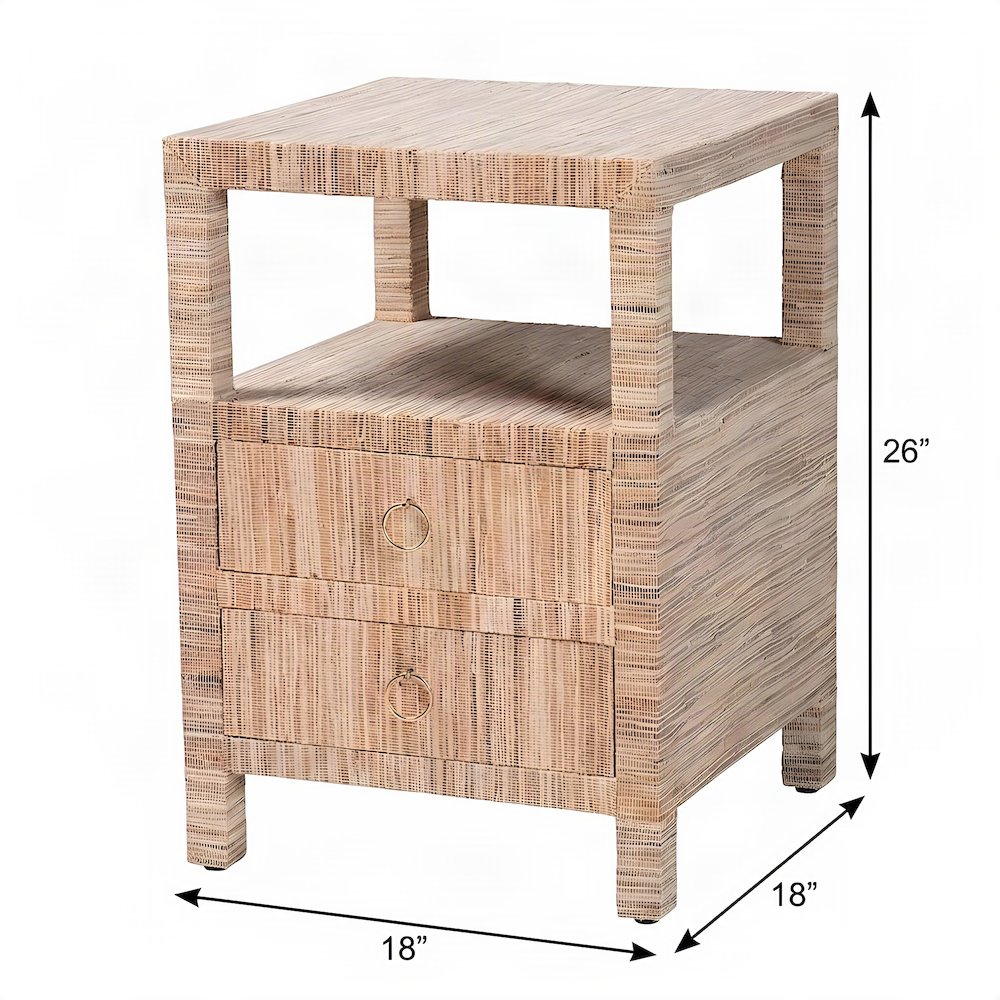 Water Hyacinth Grasscloth Nightstand, 2-Drawer Boho Bedside Table, Natural