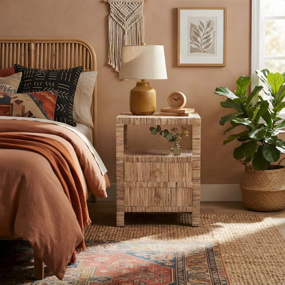 Water Hyacinth Grasscloth Nightstand, 2-Drawer Boho Bedside Table, Natural