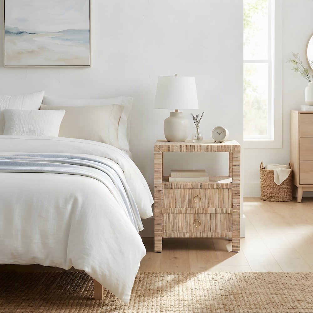 Water Hyacinth Grasscloth Nightstand, 2-Drawer Boho Bedside Table, Natural