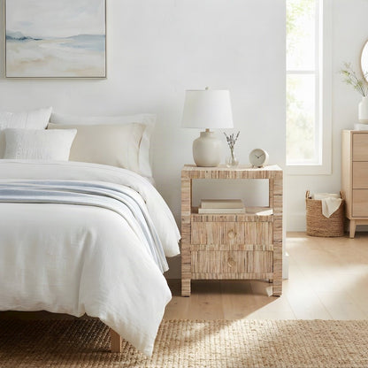 Water Hyacinth Grasscloth Nightstand, 2-Drawer Boho Bedside Table, Natural