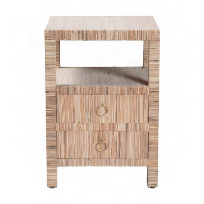 Water Hyacinth Grasscloth Nightstand, 2-Drawer Boho Bedside Table, Natural