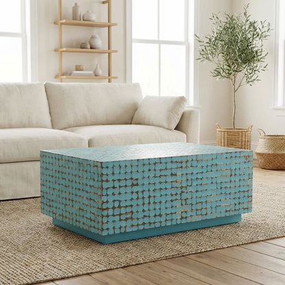 Blue Coconut Shell Coffee Table with Acacia Wood Frame and Durable Finish