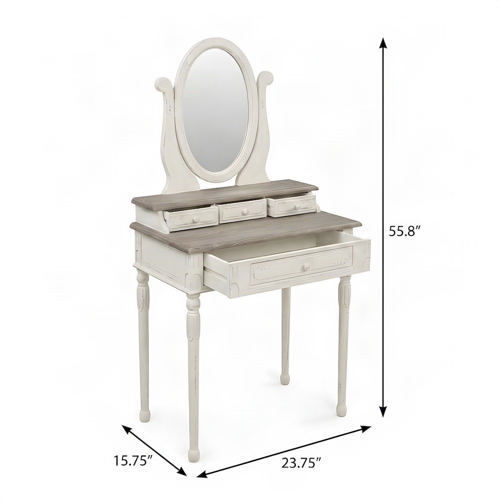 FurniFact Vanity Table with Mirror and Four Drawers, White/Light Brown
