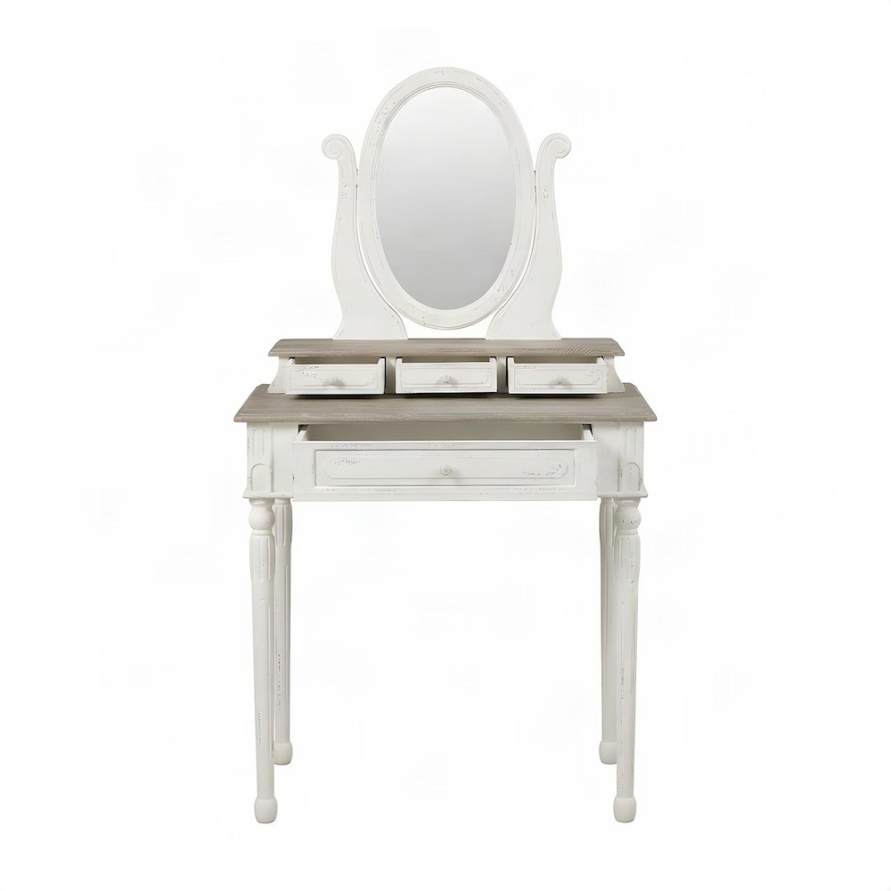 FurniFact Vanity Table with Mirror and Four Drawers, White/Light Brown