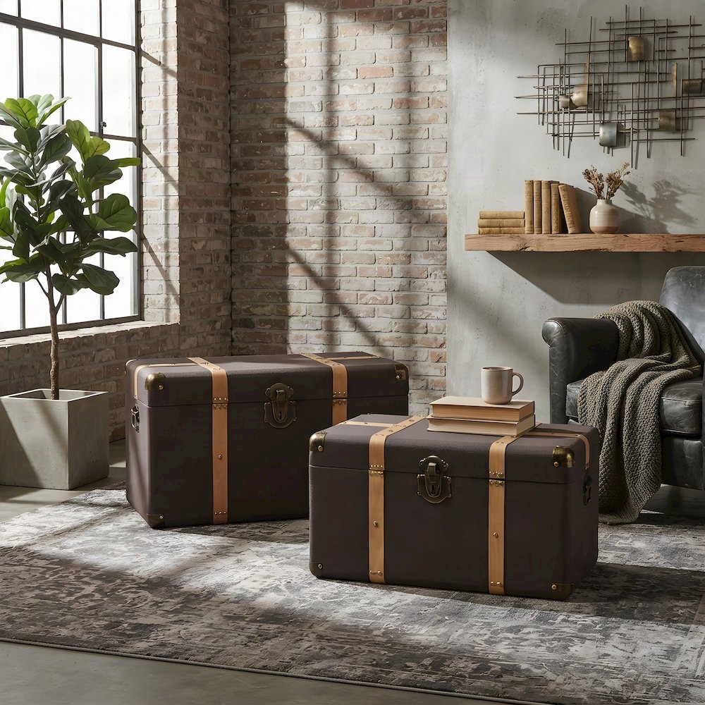 Polyester Storage Chest and Trunk Bench with Lid, MDF, Set of 2, Dark Brown/Oak