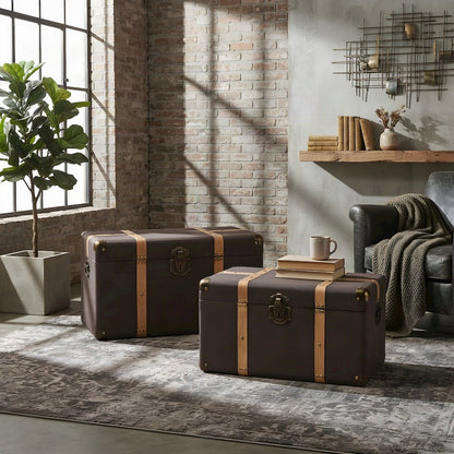 Polyester Storage Chest and Trunk Bench with Lid, MDF, Set of 2, Dark Brown/Oak