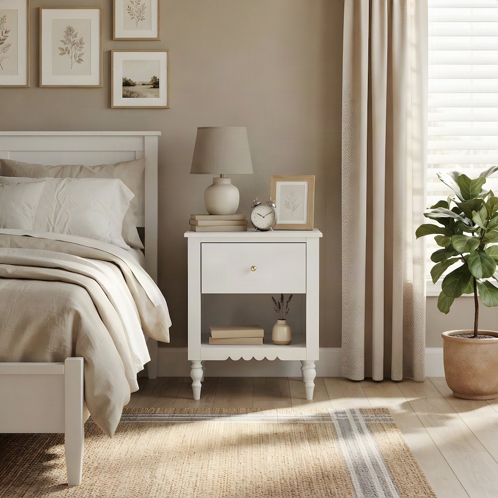 Solid Wood 1-Drawer Nightstand with Scalloped Edges, Bedside Table, White
