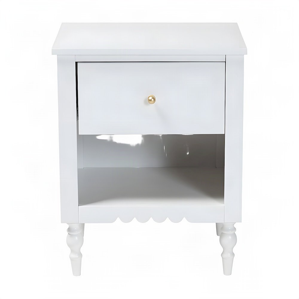 Solid Wood 1-Drawer Nightstand with Scalloped Edges, Bedside Table, White