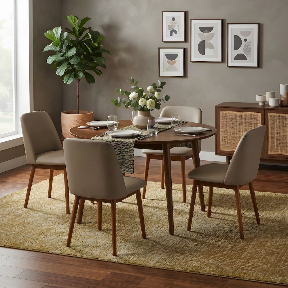 Mid-Century Modern Faux Leather Dining Chair Set of 2, Walnut Light Brown/Beige