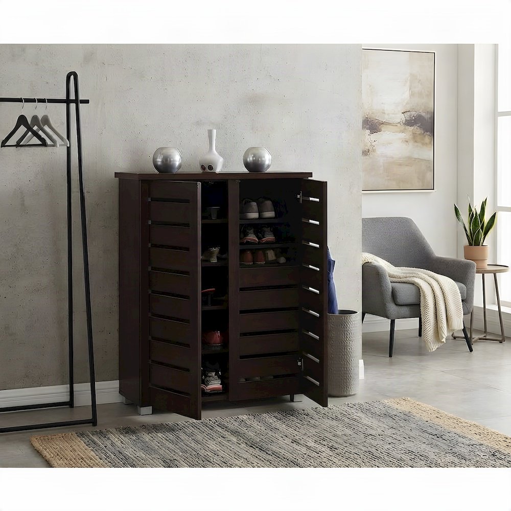 Engineered Wood 2-Door Narrow Shoe Storage Organizer, Contemporary, Dark Brown
