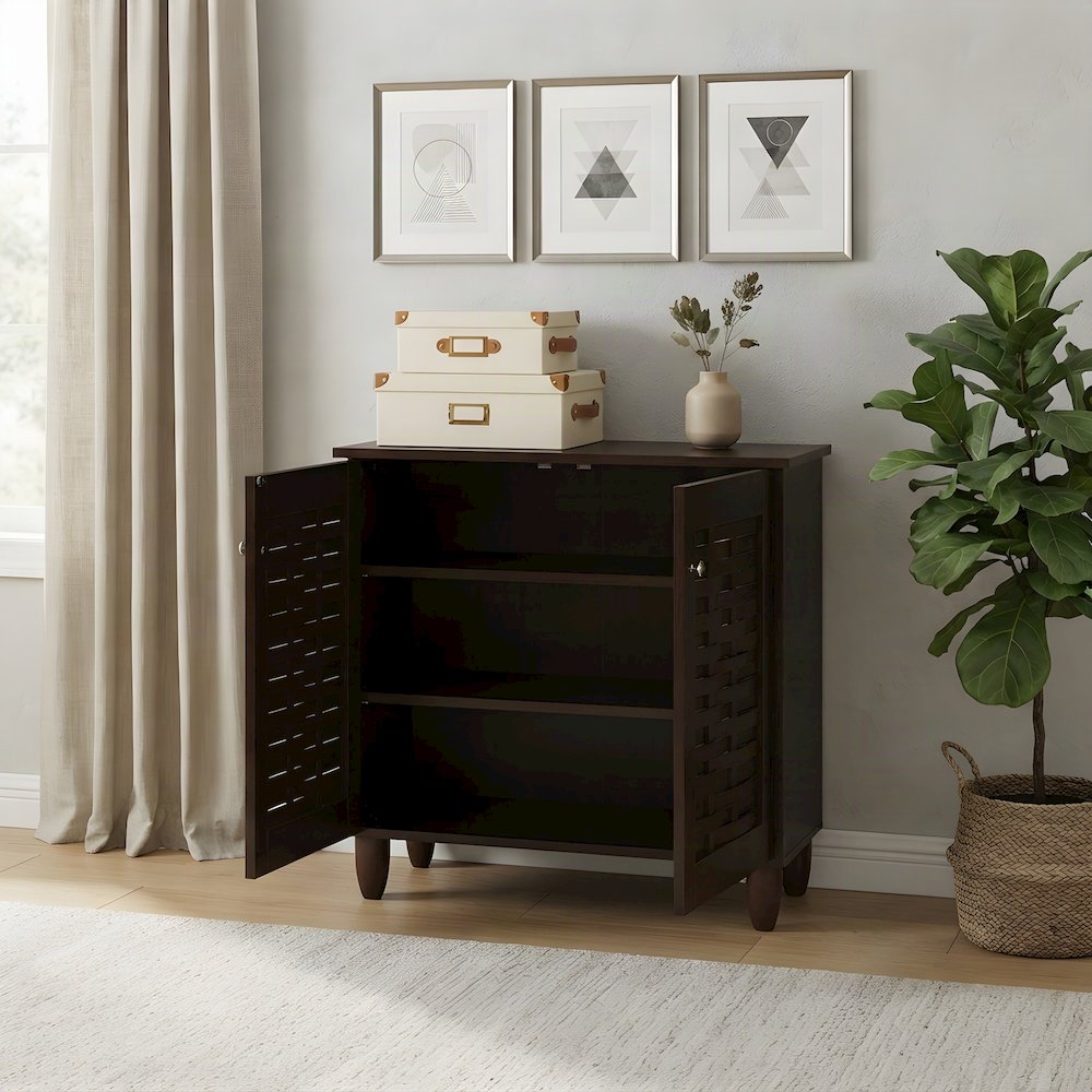 2-Door Engineered Wood and Vinyl Entryway Shoe Organizer with Doors, Dark Brown