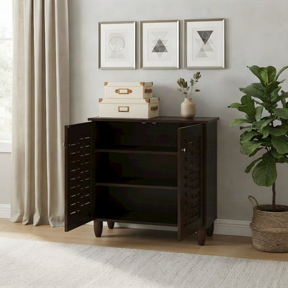 2-Door Engineered Wood and Vinyl Entryway Shoe Organizer with Doors, Dark Brown