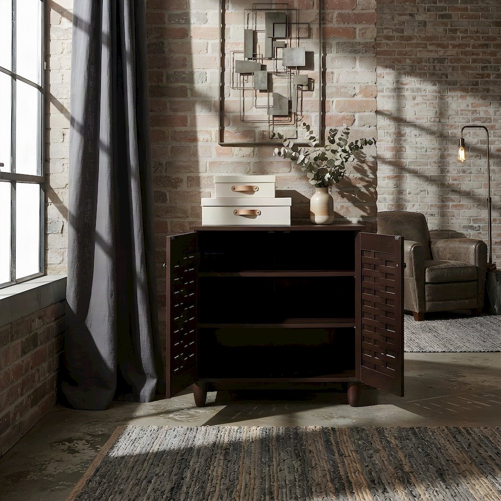 2-Door Engineered Wood and Vinyl Entryway Shoe Organizer with Doors, Dark Brown