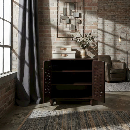 2-Door Engineered Wood and Vinyl Entryway Shoe Organizer with Doors, Dark Brown