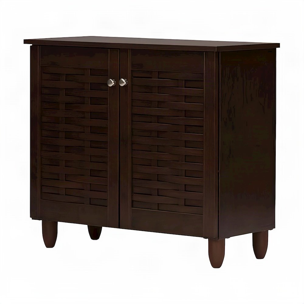 2-Door Engineered Wood and Vinyl Entryway Shoe Organizer with Doors, Dark Brown