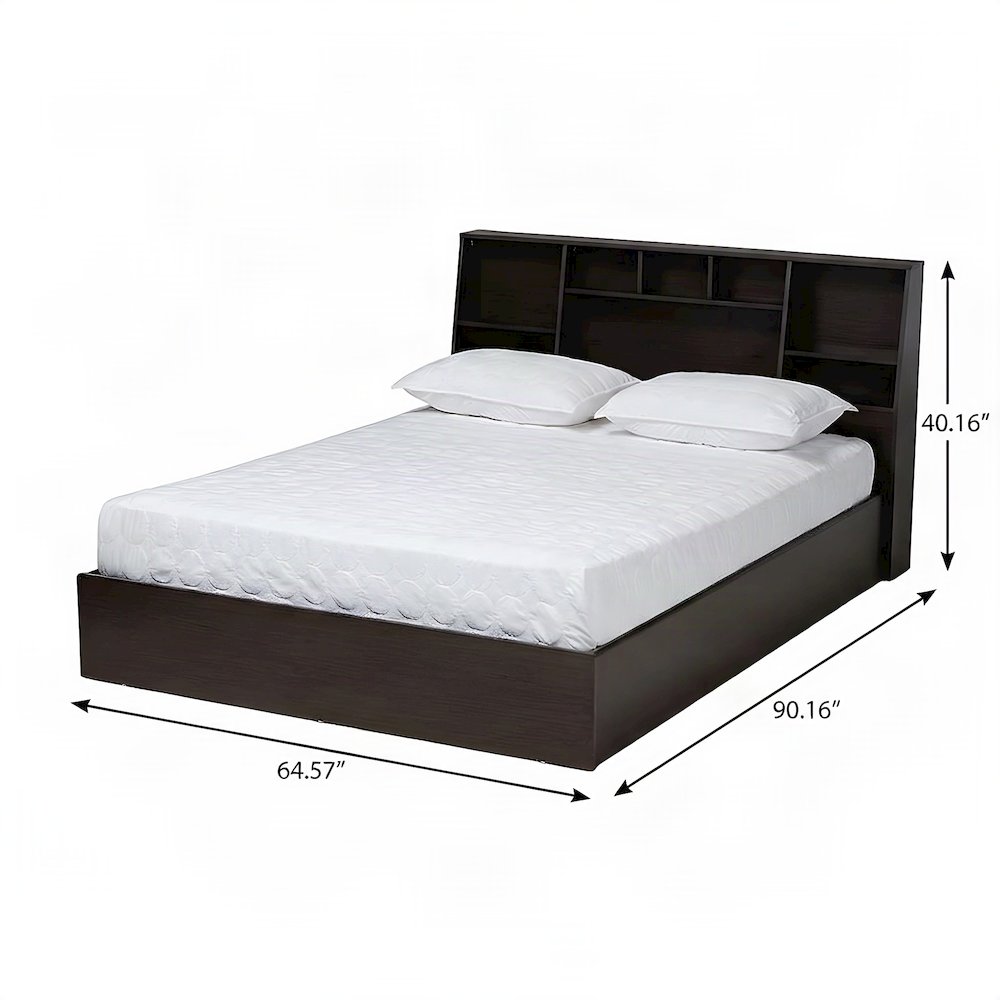 Engineered Wood Queen Platform Bed Frame with Storage Shelves, Dark brown