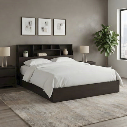 Engineered Wood Queen Platform Bed Frame with Storage Shelves, Dark brown