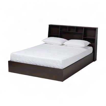 Engineered Wood Queen Platform Bed Frame with Storage Shelves, Dark brown