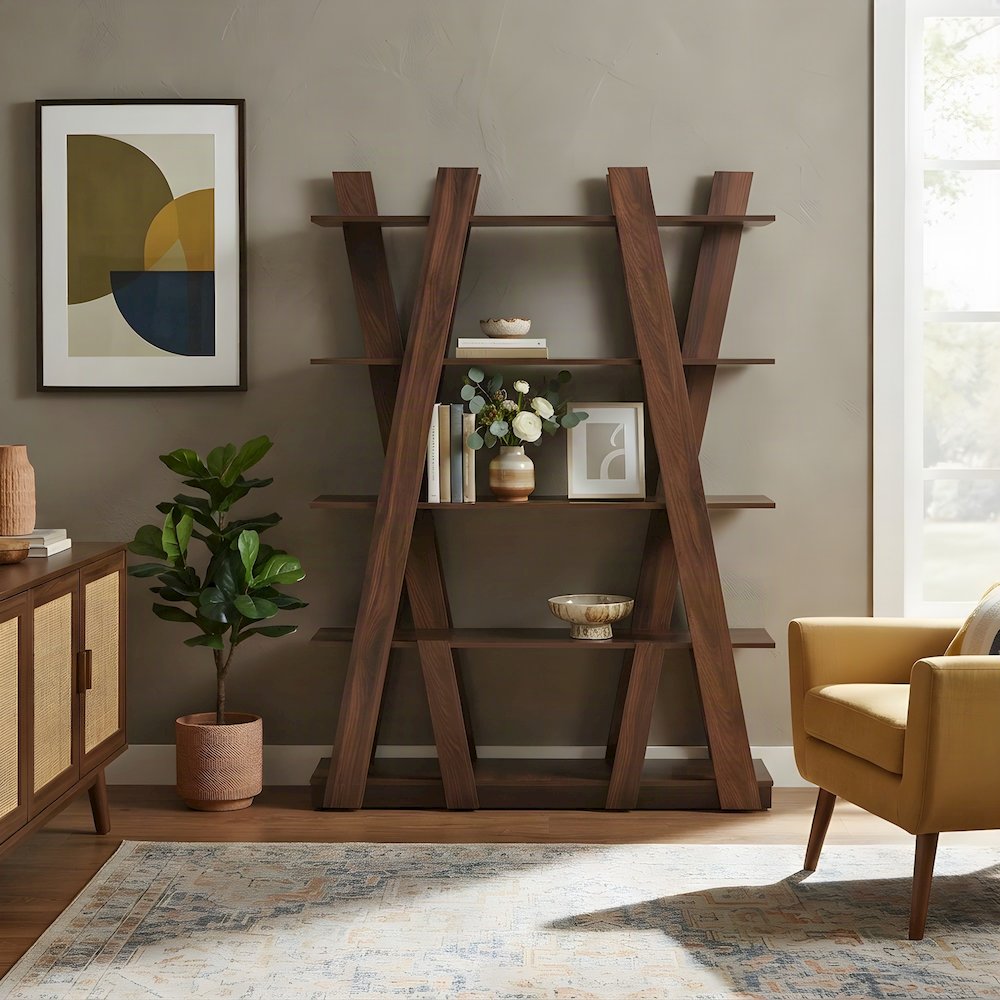 5-Tier Wood Bookshelf, Mid-Century Modern Tall Display Shelf, Walnut