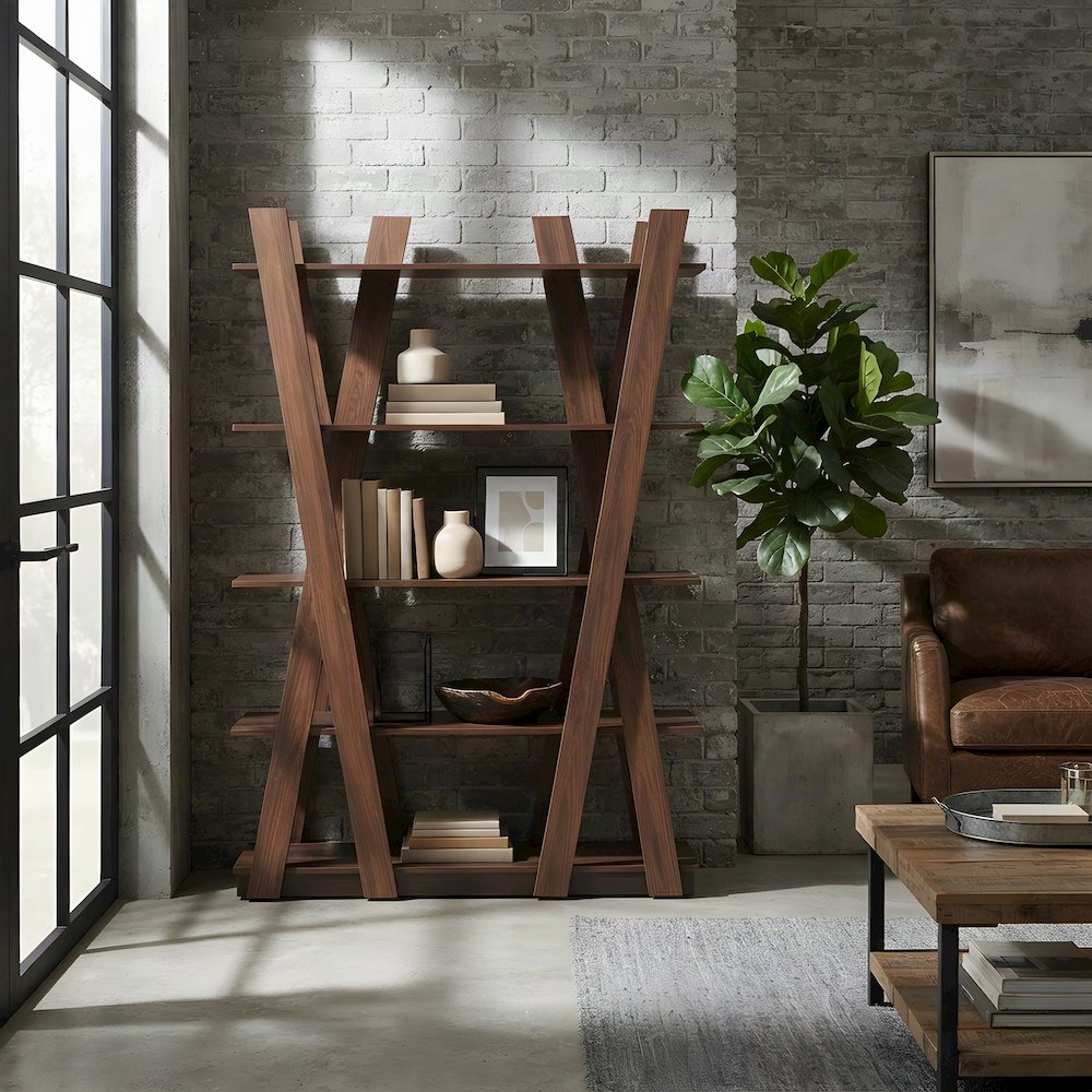 5-Tier Wood Bookshelf, Mid-Century Modern Tall Display Shelf, Walnut