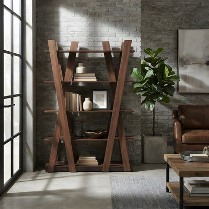 5-Tier Wood Bookshelf, Mid-Century Modern Tall Display Shelf, Walnut