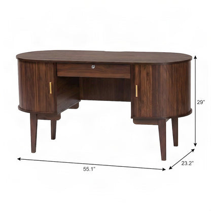 Lacquered Wood Office Desk, Oval Mid-Century with Locking Drawer, Walnut Brown