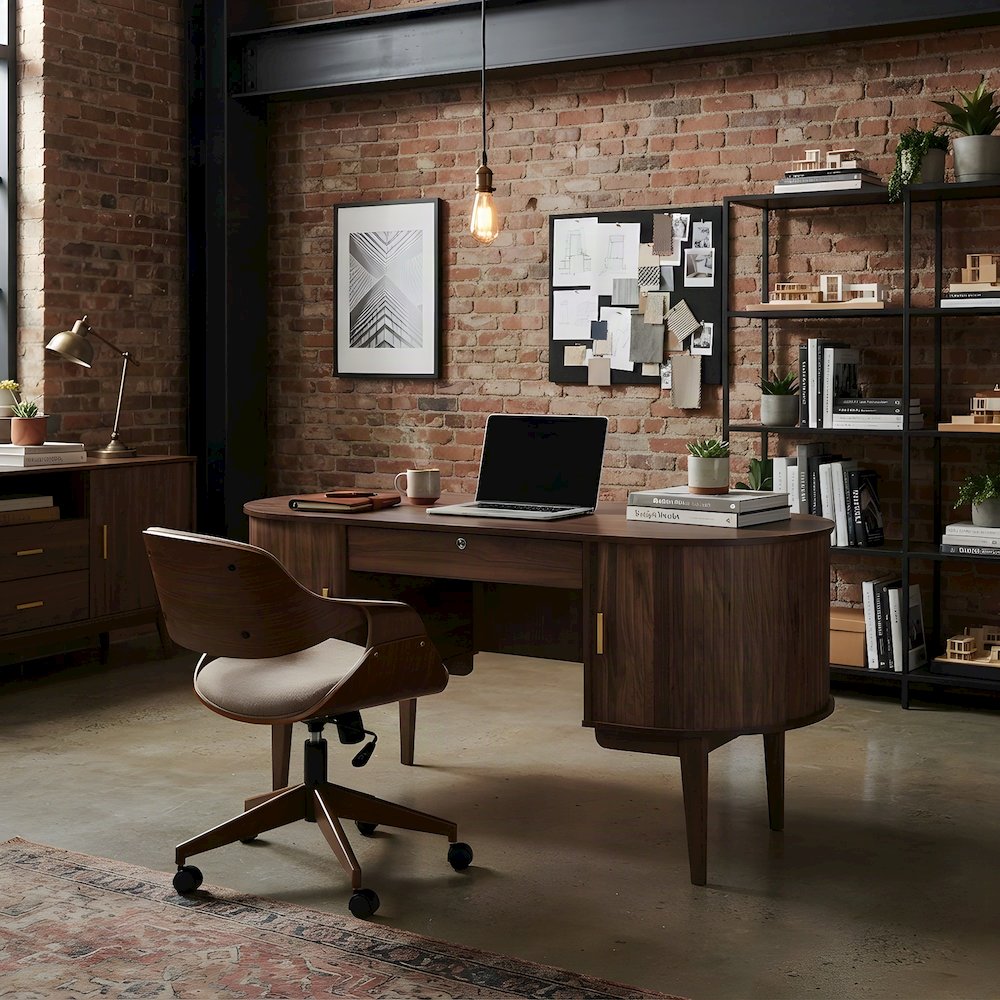 Lacquered Wood Office Desk, Oval Mid-Century with Locking Drawer, Walnut Brown