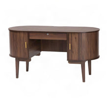 Lacquered Wood Office Desk, Oval Mid-Century with Locking Drawer, Walnut Brown