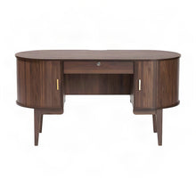 Lacquered Wood Office Desk, Oval Mid-Century with Locking Drawer, Walnut Brown