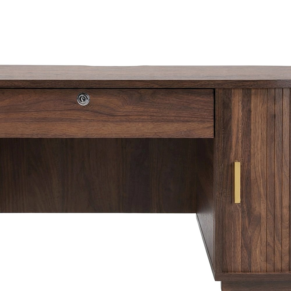 Lacquered Wood Office Desk, Oval Mid-Century with Locking Drawer, Walnut Brown