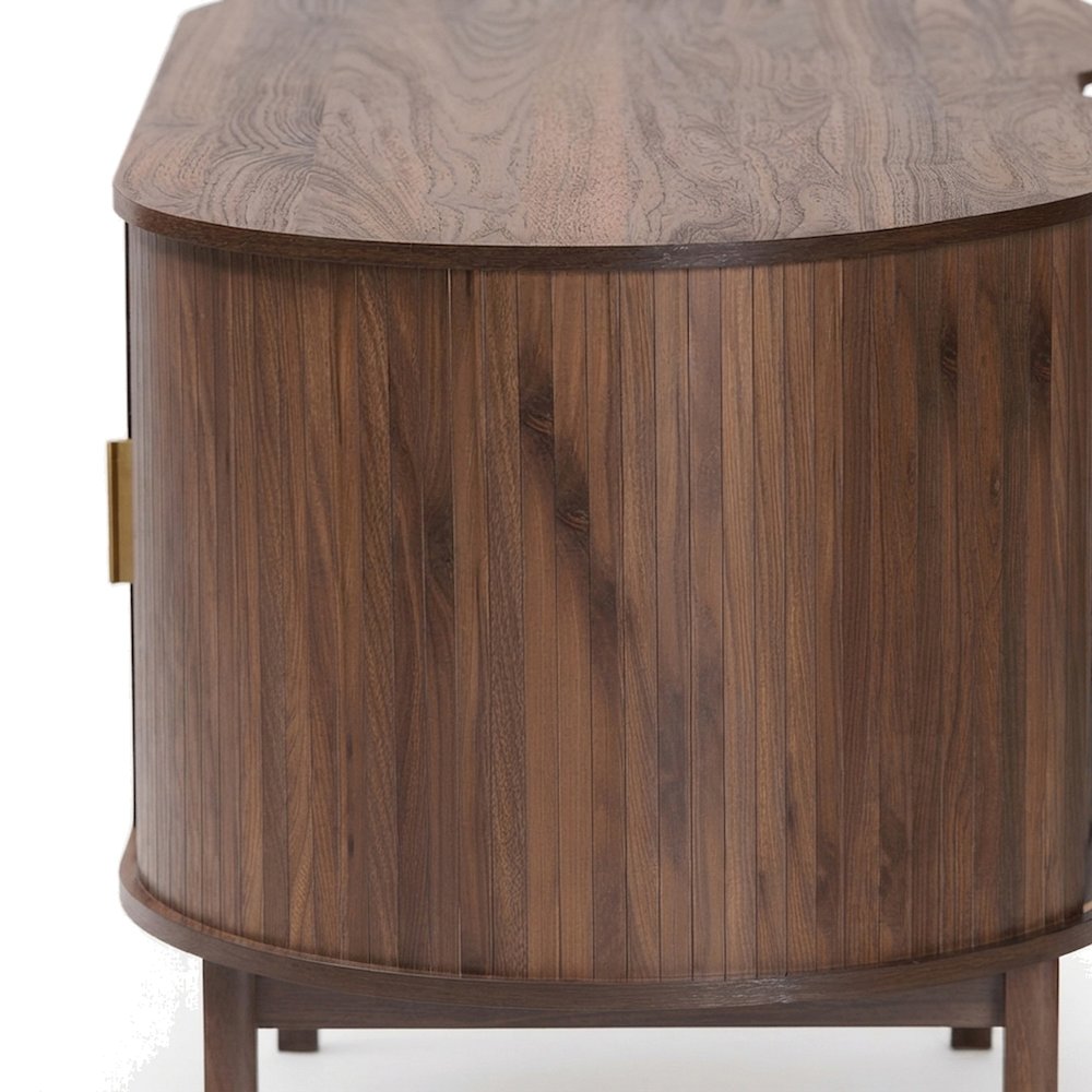 Lacquered Wood Office Desk, Oval Mid-Century with Locking Drawer, Walnut Brown