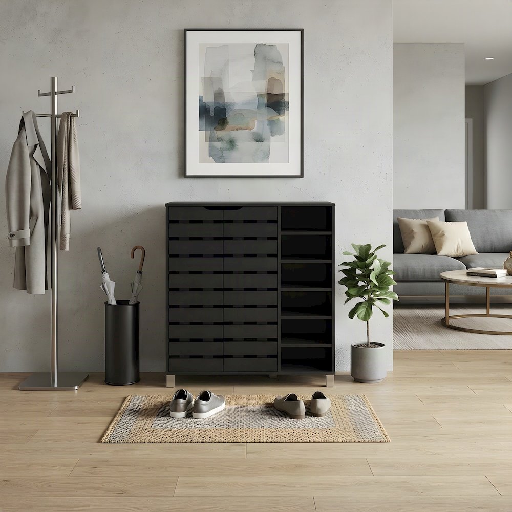 Engineered Wood Shoe Organizer with Doors and Open Shelves, Dark Gray