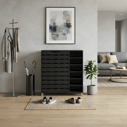 Engineered Wood Shoe Organizer with Doors and Open Shelves, Dark Gray