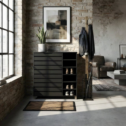 Engineered Wood Shoe Organizer with Doors and Open Shelves, Dark Gray