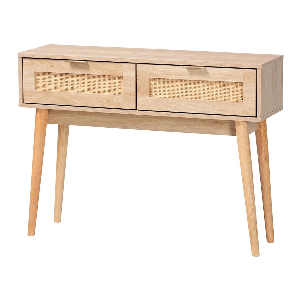 Light Oak Brown Finished Wood and Rattan 2-Drawer Console Table
