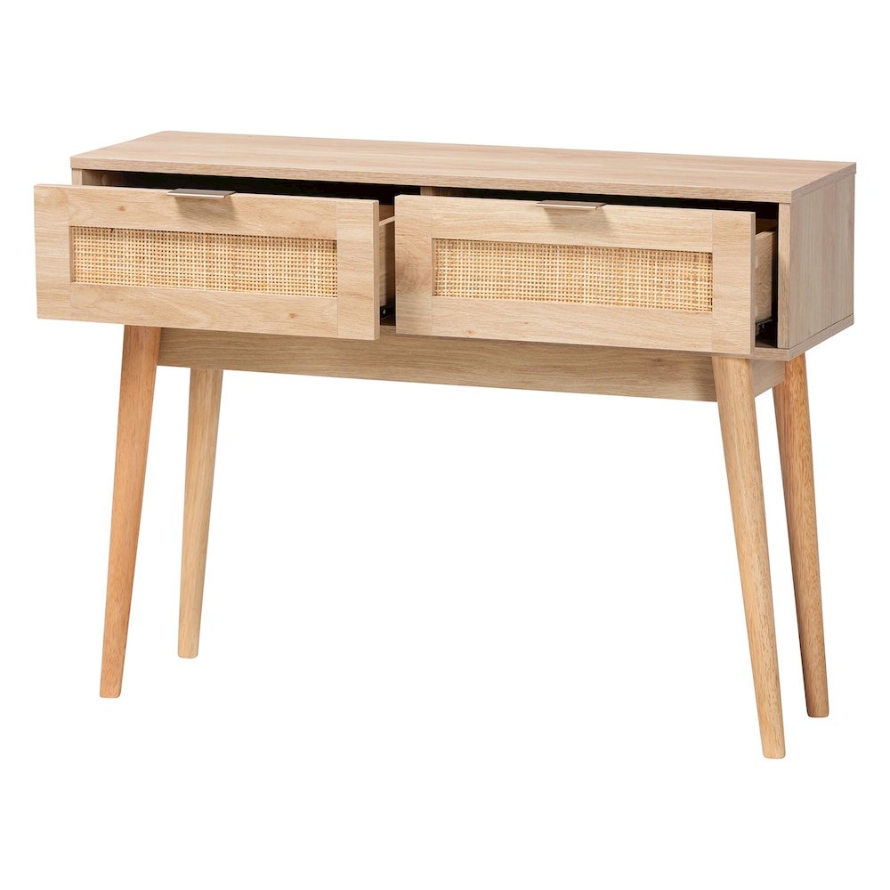 Light Oak Brown Finished Wood and Rattan 2-Drawer Console Table