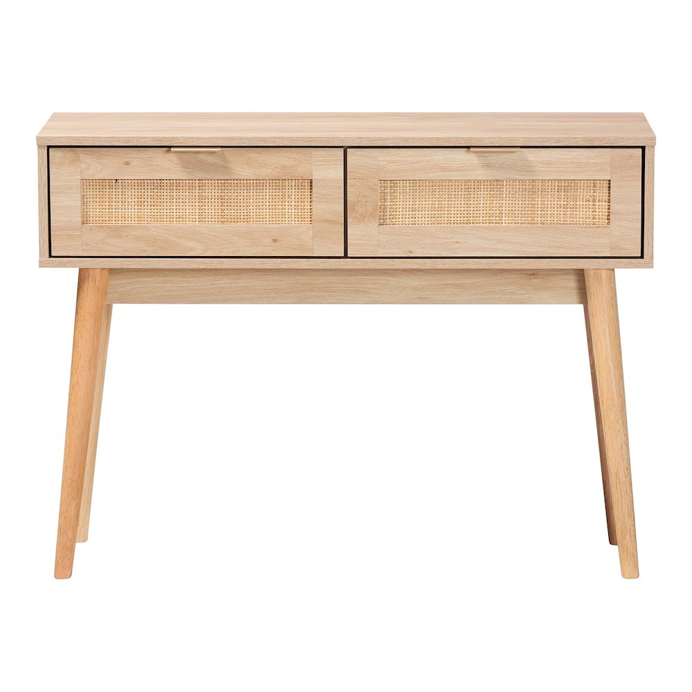 Light Oak Brown Finished Wood and Rattan 2-Drawer Console Table