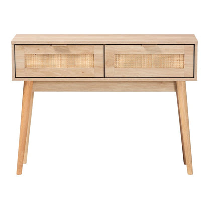 Light Oak Brown Finished Wood and Rattan 2-Drawer Console Table