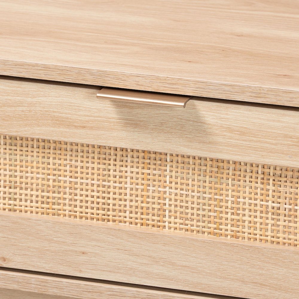 Light Oak Brown Finished Wood and Rattan 2-Drawer Console Table