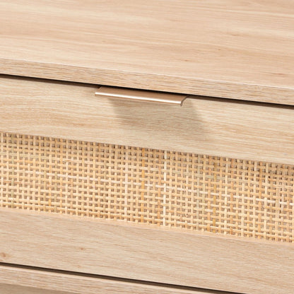 Light Oak Brown Finished Wood and Rattan 2-Drawer Console Table