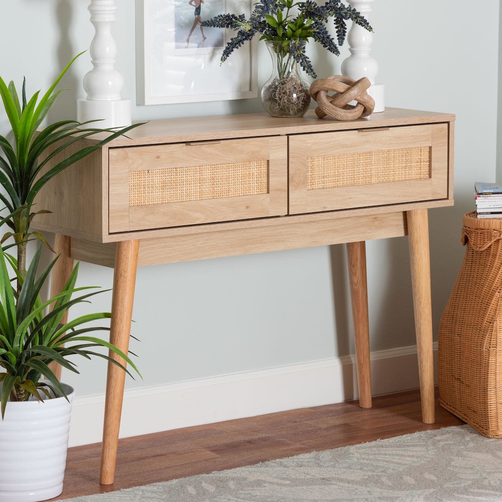Light Oak Brown Finished Wood and Rattan 2-Drawer Console Table